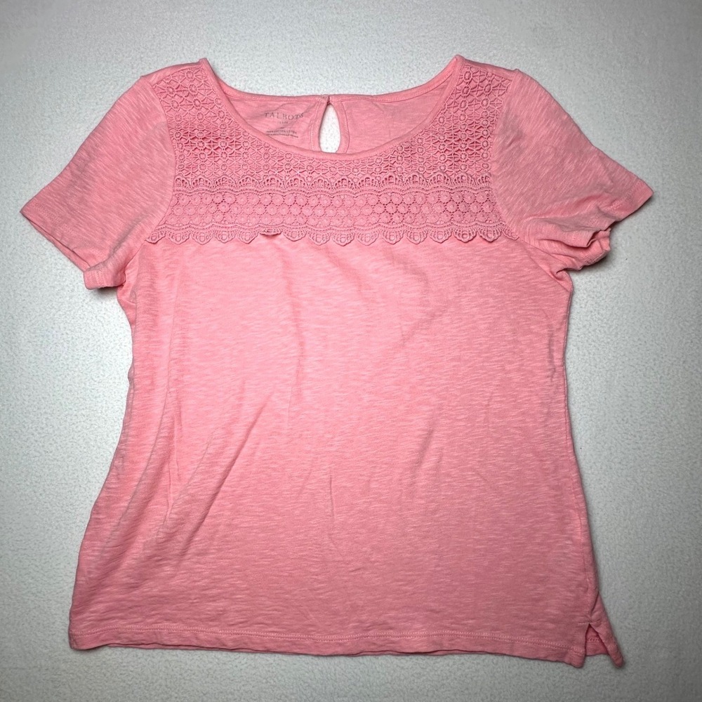 Talbots Petite Pink Crochet Lace Yoke Slub Cotton Tee Top SP - Picture 3 of 6